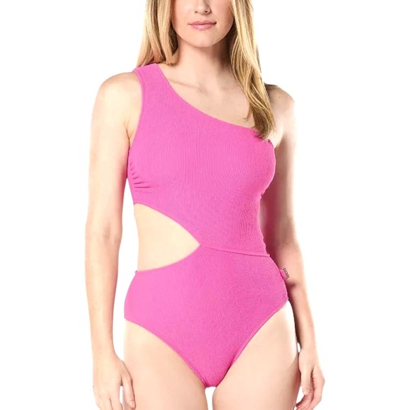 MICHAEL Michael Kors Other - MICHAEL Michael Kors Ribbed One Shoulder Cutout One Piece Swimsuit Cerise SZ 10
